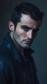 Moody male portrait in black leather jacket study.