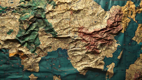 Topographic road map with folded relief mountains and coast.