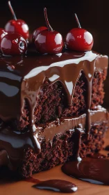 Decadent Chocolate Layer Cake with Cherries and Dripping Ganache.