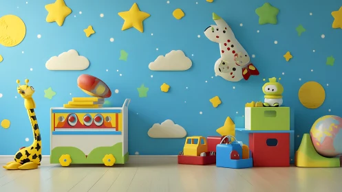 Luminous 3D nursery wall with modular toys and space motifs.