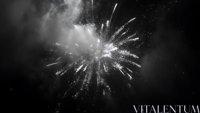 Monochrome burst of fireworks against dark night sky.