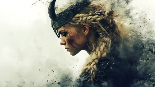 Battle-scarred shieldmaiden dreaming in drifting war-smoke.