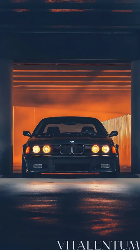 Midnight BMW glows warmly in a dramatic parking entrance