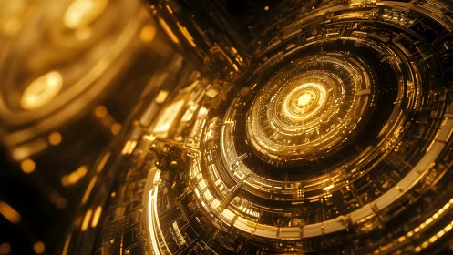 Futuristic golden circuit vortex with glowing technological patterns.