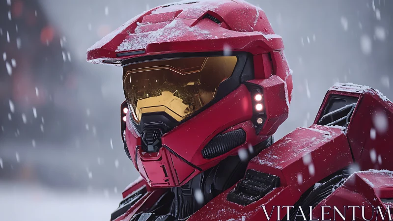 Crimson snowguard mech warrior staring through frozen silence.