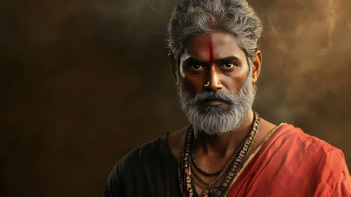 Portrait of gray-bearded man in traditional attire.