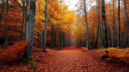 Forest path lined with birch trees in autumn