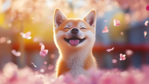 Joyful shiba puppy basking in drifting cherry blossoms.