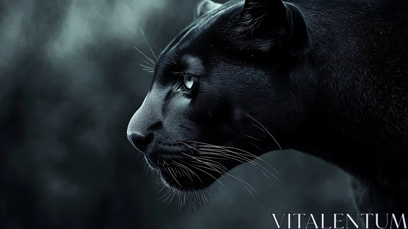 Black panther head in profile against blurred atmospheric background