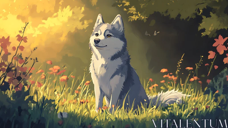 Gentle husky soaking in golden forest morning light.