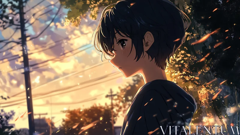 Anime twilight portrait with backlit bokeh and warm embers.