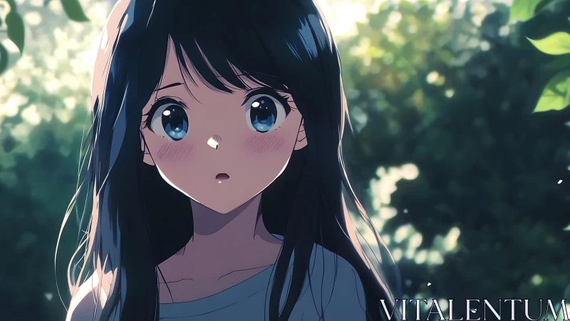 Soft sunlight illuminates a surprised anime girl outdoors.