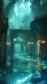 Cathedral hall floods under luminous turquoise water.
