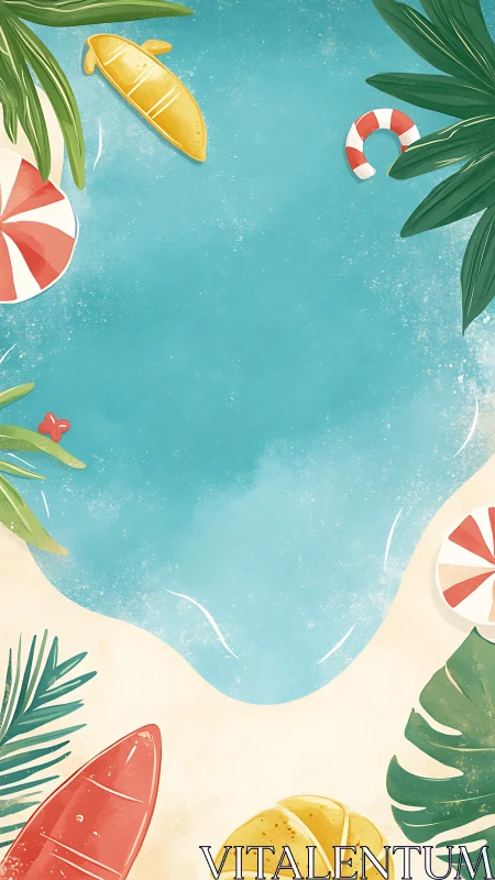 Aerial view of tropical beach with recreational water equipment.