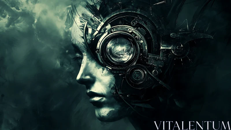 Cybernetic visage emerges from shadowy mechanical storm.
