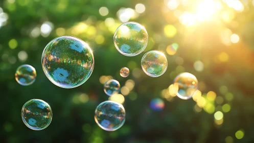 Soap bubbles drifting in sunlight over green garden.