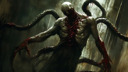 Monstrous tentacled abomination extends limbs in dim corridor