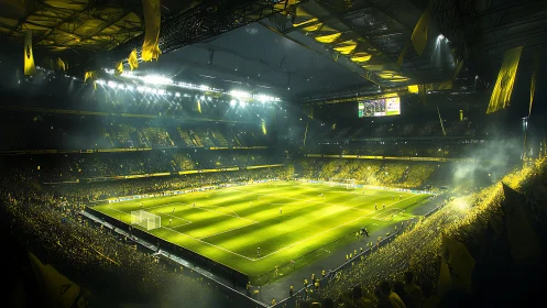 Floodlit football stadium shows packed yellow home crowd