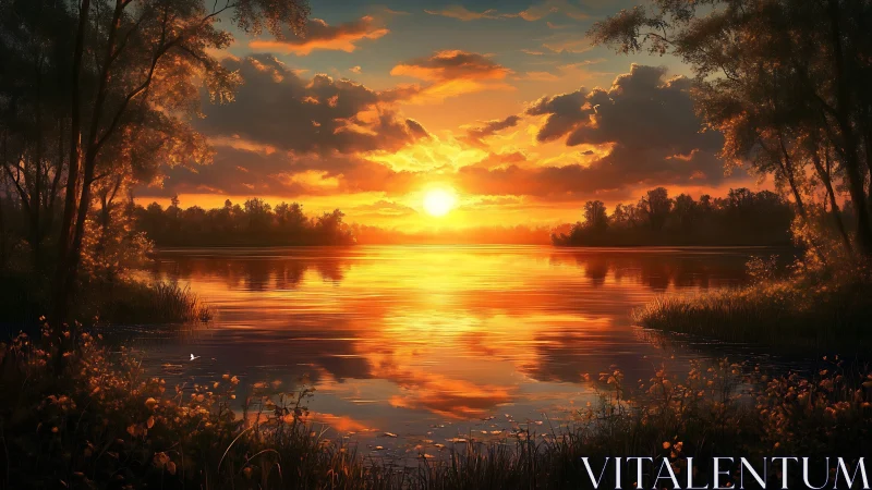 Radiant lake sunset framed by trees in glowing reflection.