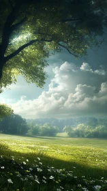 Sunlit meadow under tree canopy with distant cloud bank.
