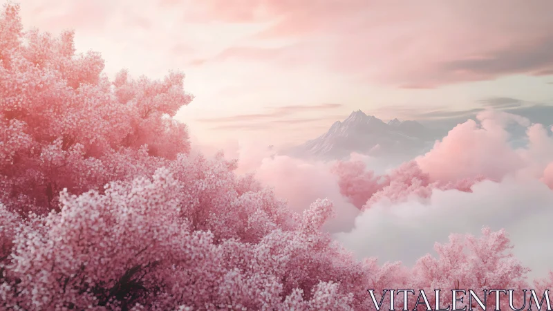 Soft pink clouds cradle dreamy mountains in gentle light