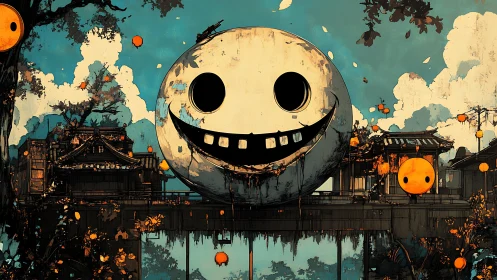 Large spherical face structure dominates stylized temple bridge