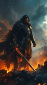 Lone armored warrior stands amid blazing volcanic ruin