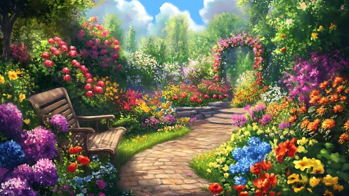 Luminous garden walkway with floral arbor and rustic bench design.