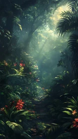 Mystical jungle path lit by golden sunrays.