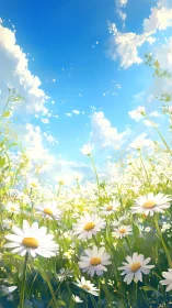 Aerial-lit chamomile meadow under volumetric spring sky.