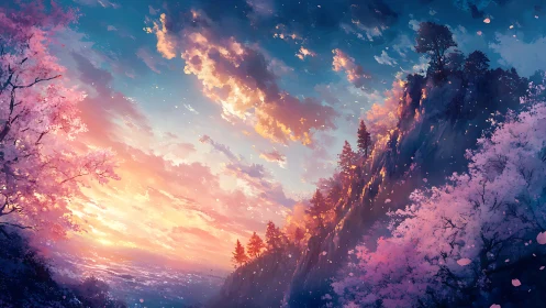 Sunset sky illuminates cliffside forest and cherry blossoms