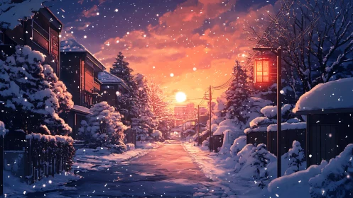 Snow covered residential street at sunset with lantern light.