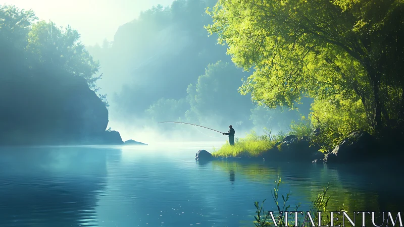 Solitary angler in misty emerald riverside glow at dawn.