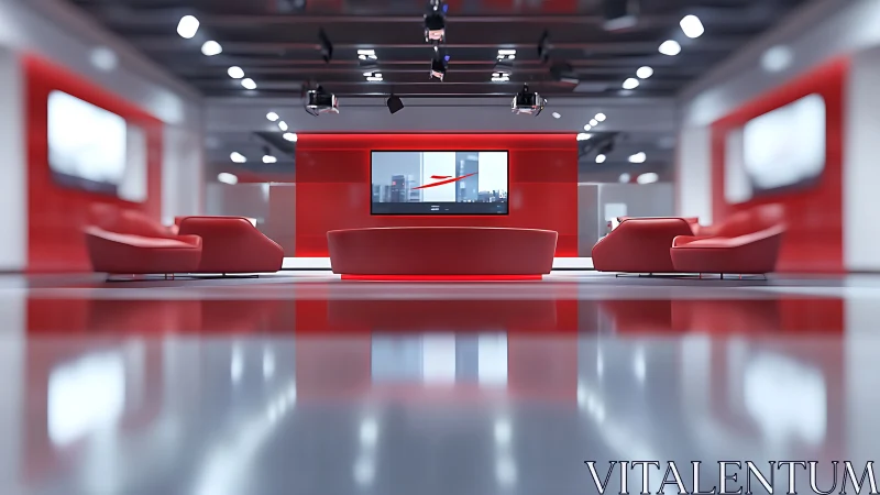 Modern red television studio set shows glossy curved seating