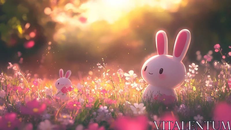 Cartoon bunnies in backlit meadow with pink wildflowers.