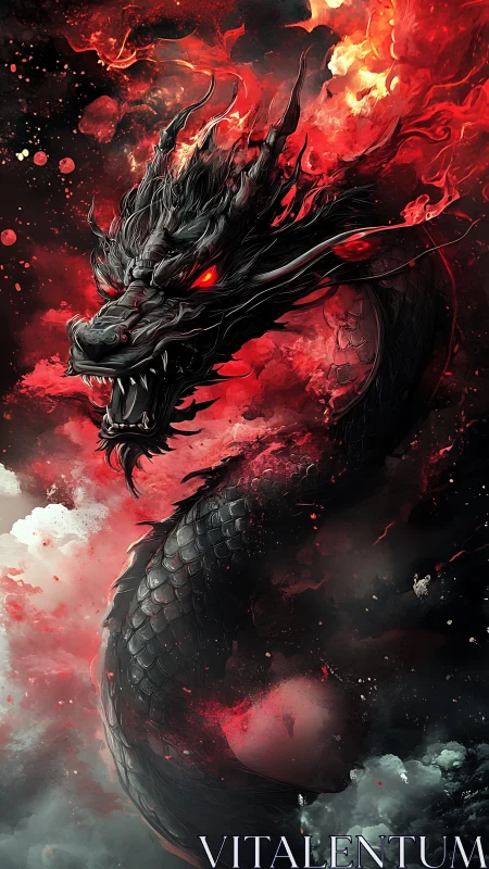 Ember‑veiled obsidian dragon coils through stormfire skies.