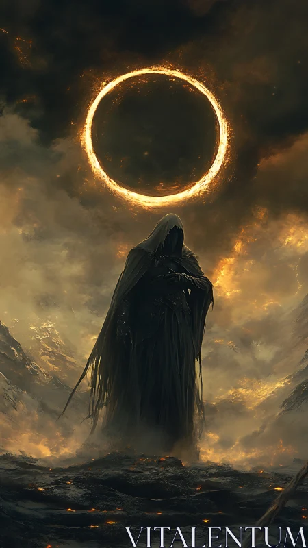 Hooded wraith stands beneath a blazing eclipse ring in infernal sky
