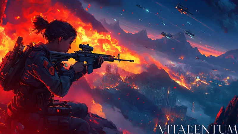 Sniper sentinel above a neon inferno of collapsing cityscapes.