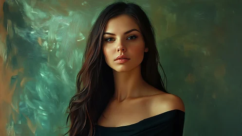 Soft-lit portrait of a serene woman against teal whispers.