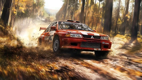 Rally car powerslide cuts through sunlit forest dirt track.