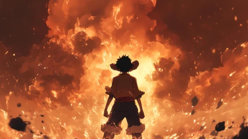 Young hero stands strong before a roaring wall of fire.