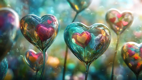 Crystalline Hearts Blooming in Iridescent Garden.