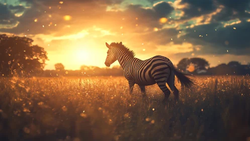 Sunlit zebra drifts through glowing prairie of falling embers.