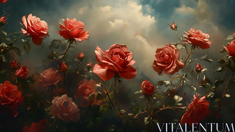 Red Roses Bloom Against Dramatic Cloudscape. Oil Painting.