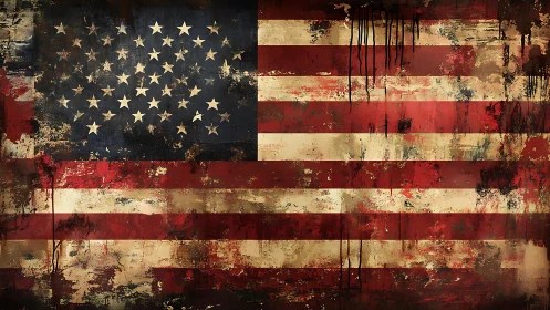 Weathered American flag drips with distressed abstract texture.