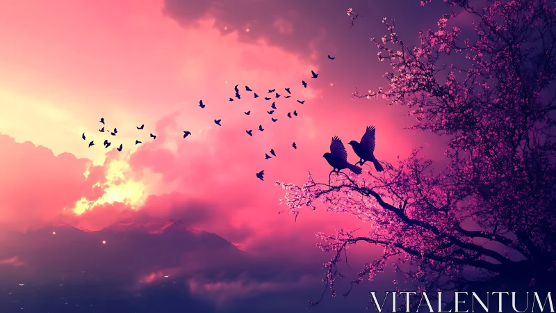 Chromatic dusk flight over blossom-laden silhouetted canopy.