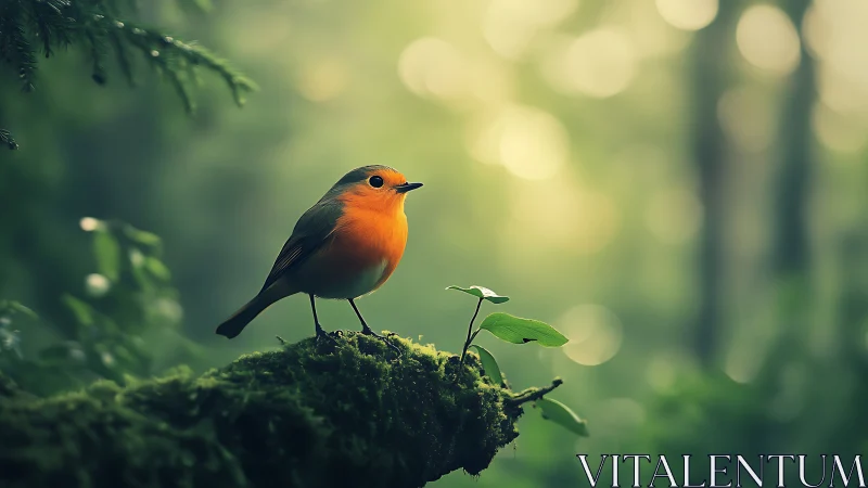 European robin on mossy branch in soft-focus forest scene.
