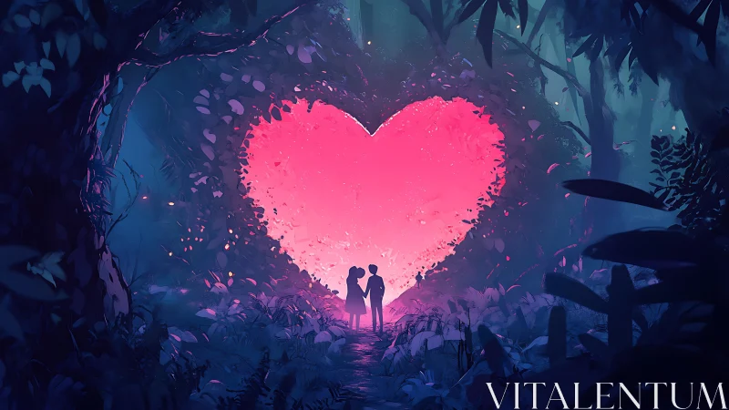 Silhouetted Figures Before Luminous Heart-Shaped Formation