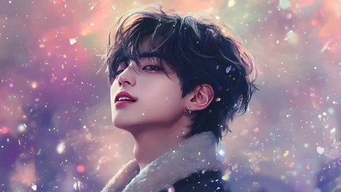 Iridescent portrait of soft-lit youth in particle-laden ether.