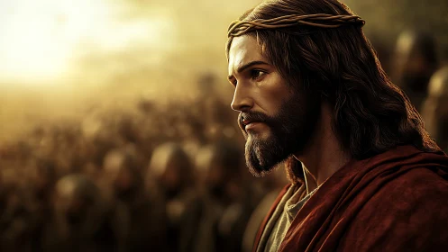 Digital portrait of solemn bearded man in crown of thorns.